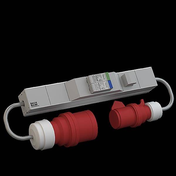 Průmyslová elektronická komponenta: dlouhá obdélníková skříň s červenými a bílými připojovacími konektory na obou koncích.