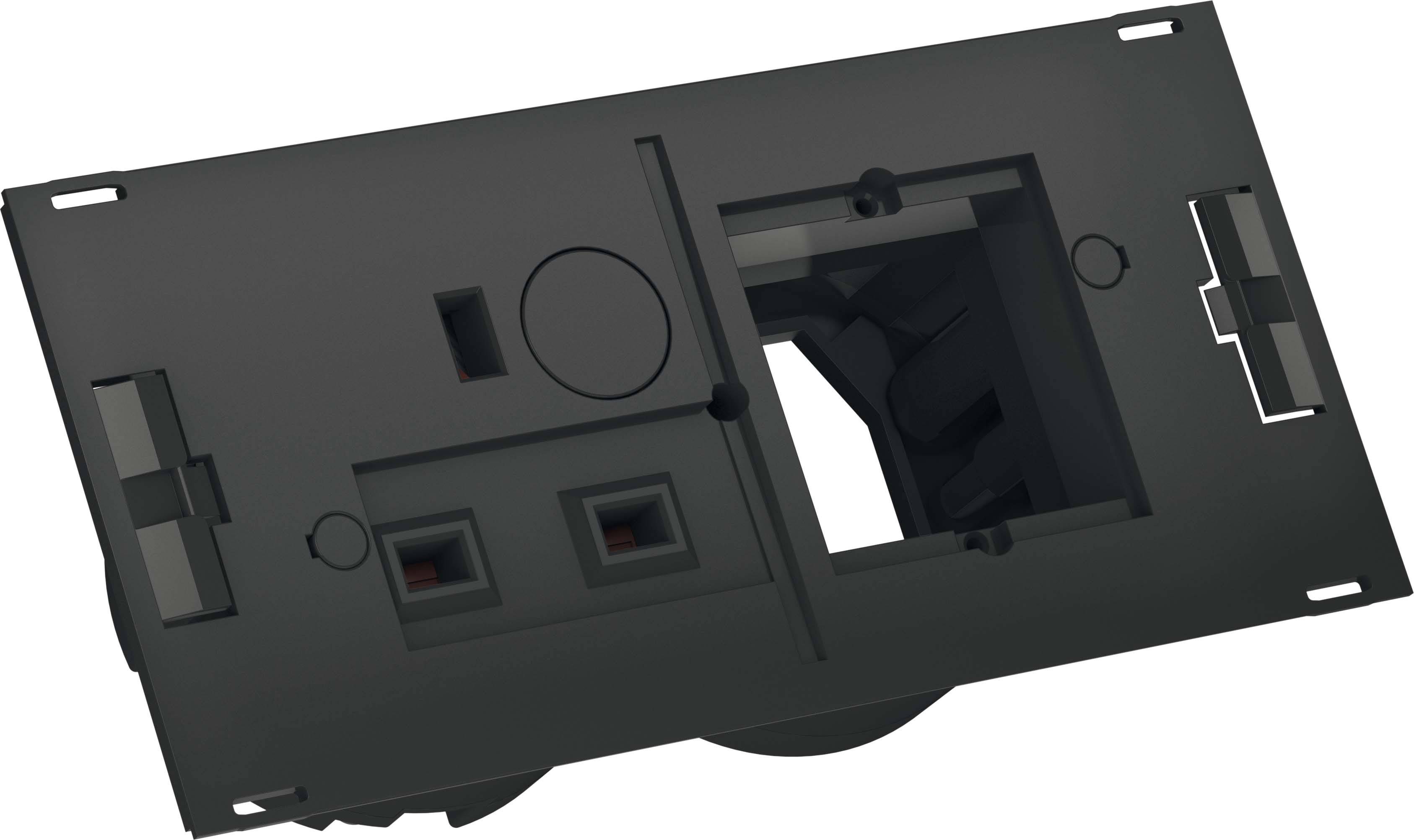Černý plastový modul se zásuvkami pro dva síťové konektory RJ45.