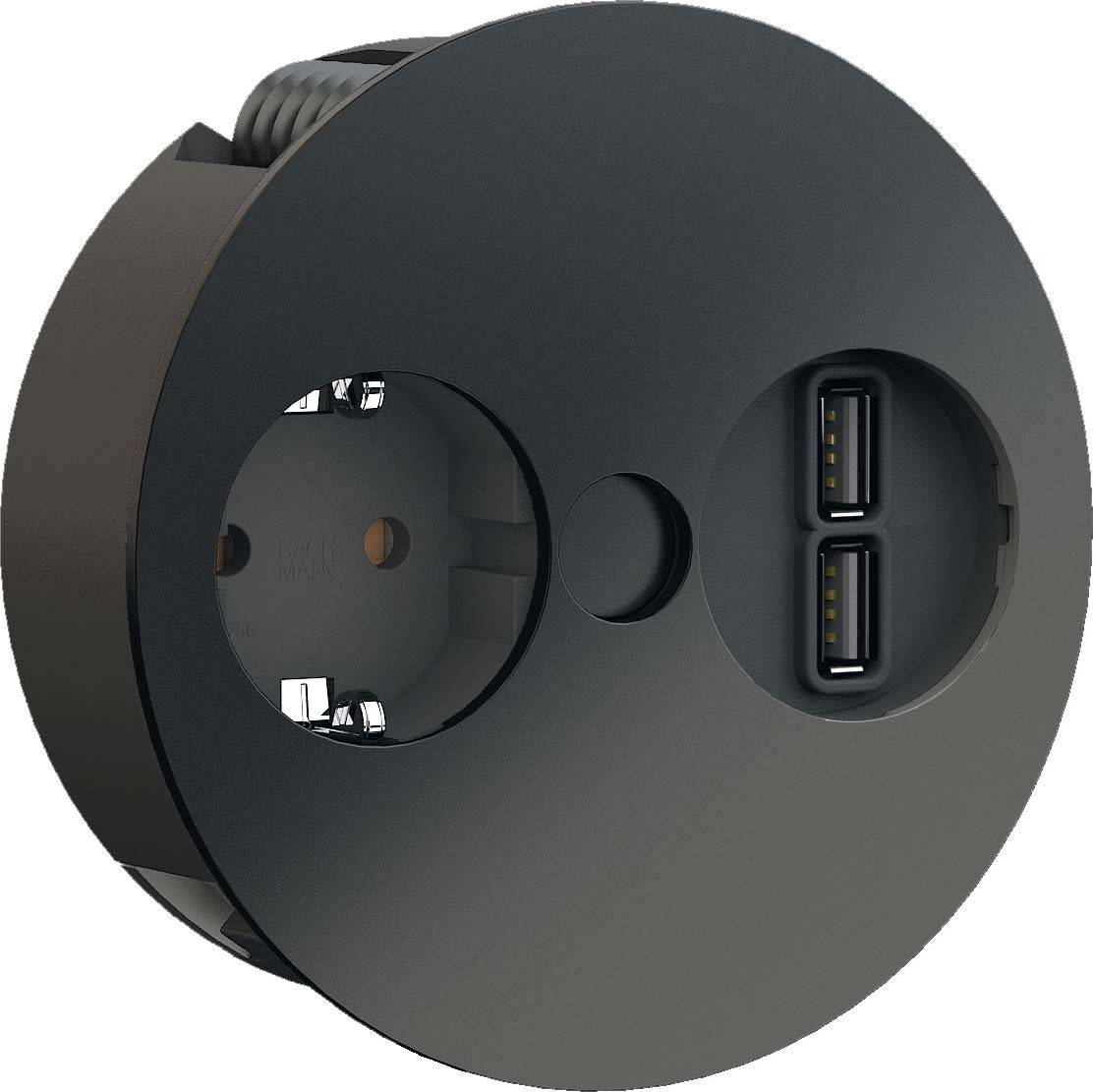 Černá zásuvka se dvěma USB porty ukazuje funkčnost současného napájení elektrickým proudem a přenosu dat v moderních domácnostech.