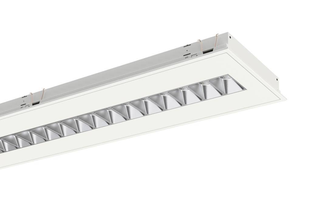 Obdélníkový, moderní LED panel určený pro montáž na strop s řadou reflektorů pro rovnoměrné rozptýlení světla.
