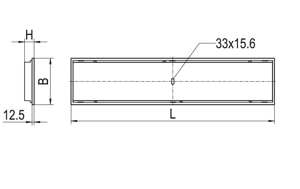 Technický výkres obdélníkové součásti s rozměry: výška 12,5 cm, šířka B, výška H a délka L. Rozměr 33 x 15,6 vyznačen.