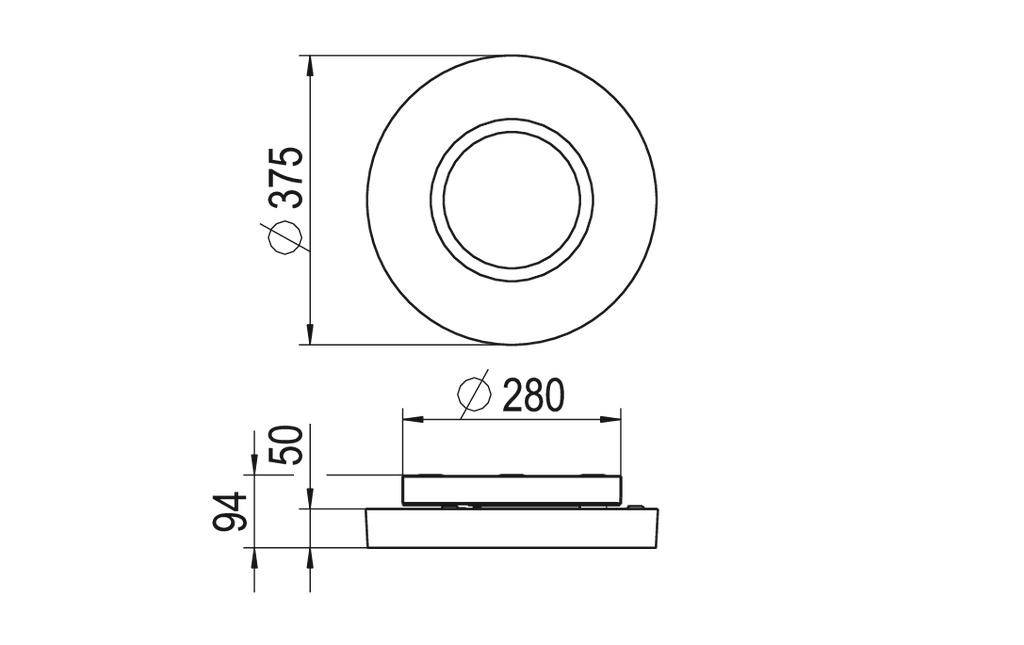 Technický výkres kulatého objektu s rozměry: průměr nahoře 375 mm, dole 280 mm, výška 94 mm, stupeň 50 mm.