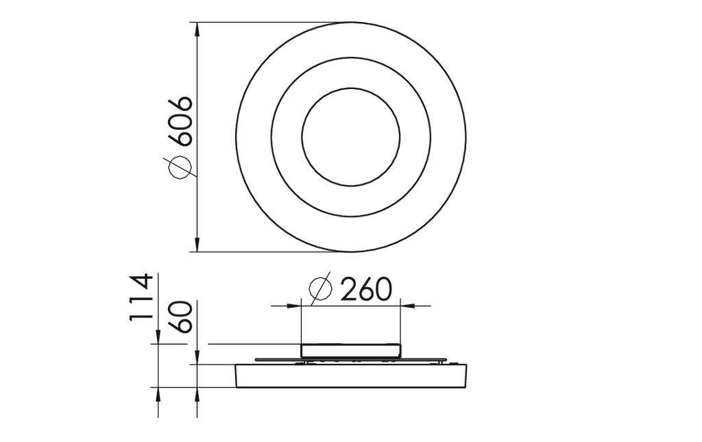 Technický výkres kruhového objektu s průměrem 606 mm. Boční pohled ukazuje výšku 114 mm a vnitřní průměr 260 mm.