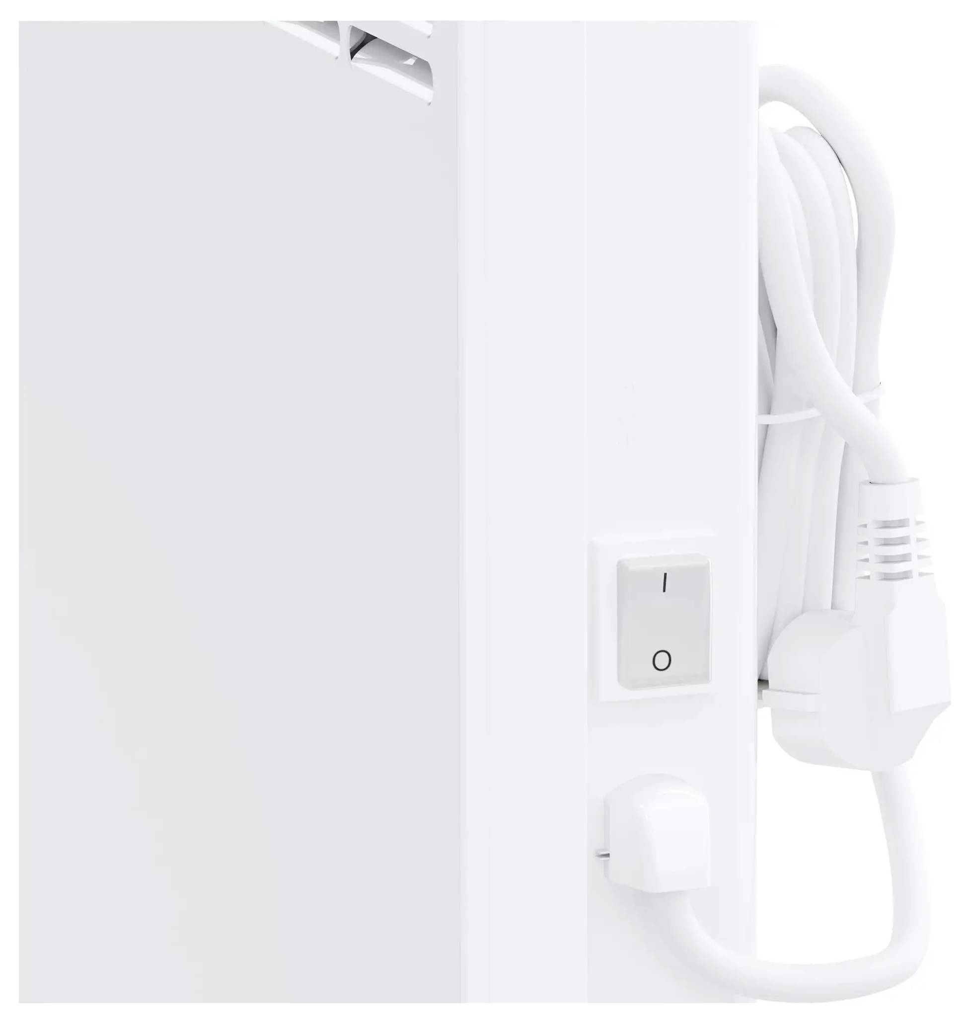 Boční pohled na bílé elektronické zařízení s viditelnými vypínačem v poloze vypnuto a vinutým napájecím kabelem připevněným na straně.