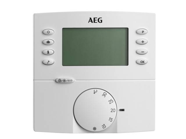 Termostat AEG s digitálním displejem a několika ovládacími tlačítky, včetně regulátoru teploty a tlačítka pro 'Eco' režim.