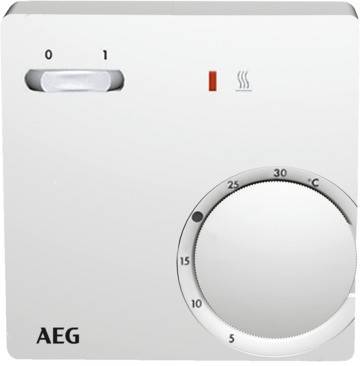 Termostatický panel značky 'AEG' s přepínačem pro '0' nebo '1' a otočným knoflíkem s rozsahem od 5 do 30 stupňů Celsia.