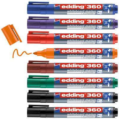 Sada barevných popisovačů na whiteboard značky Edding 360, včetně oranžové, modré, fialové, hnědé, zelené, červené a černé barvy, s víčky.