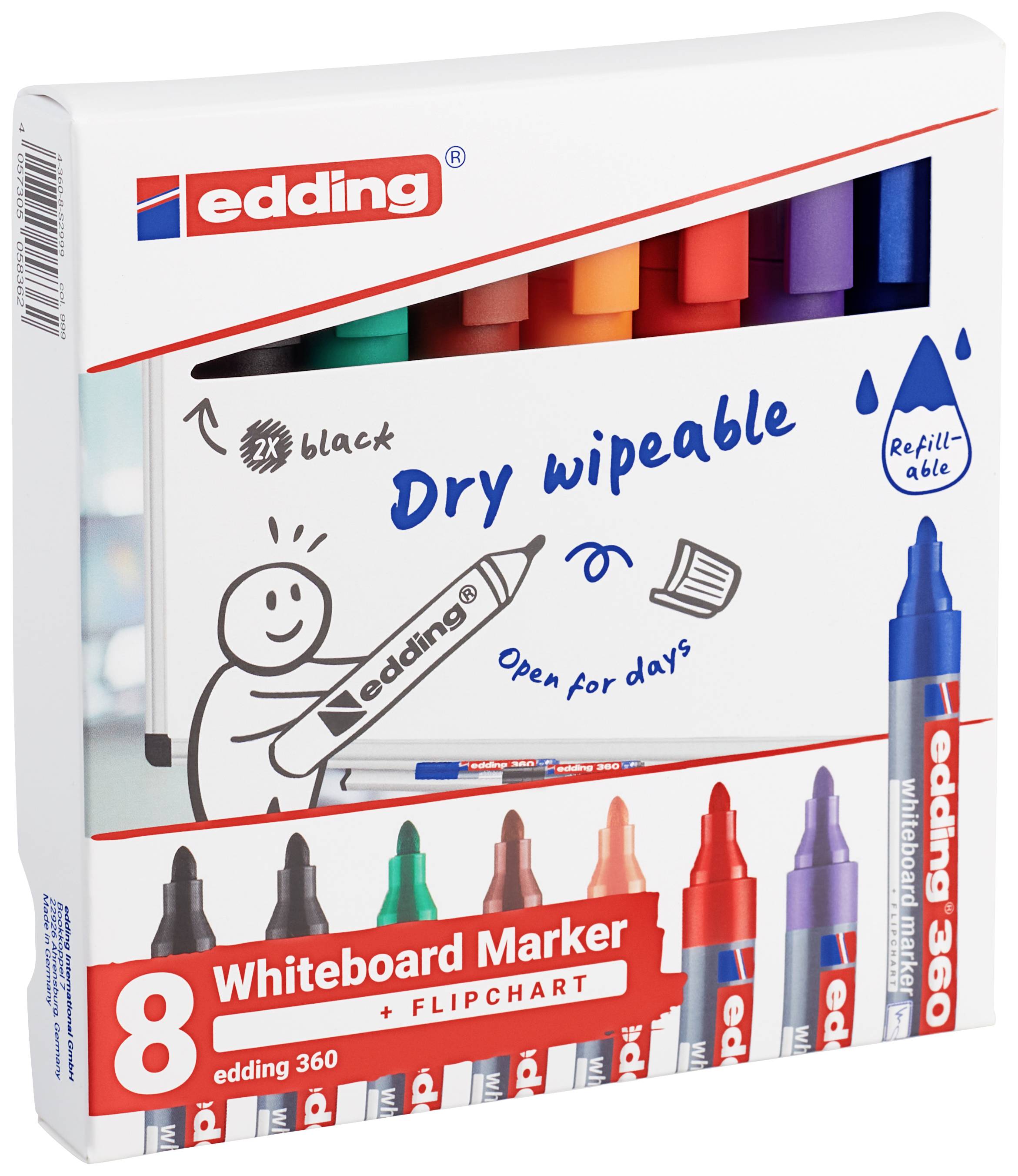 Balení osmi barevných whiteboard fixů značky edding, včetně černého fixu. Lze je doplňovat a suché mazat.