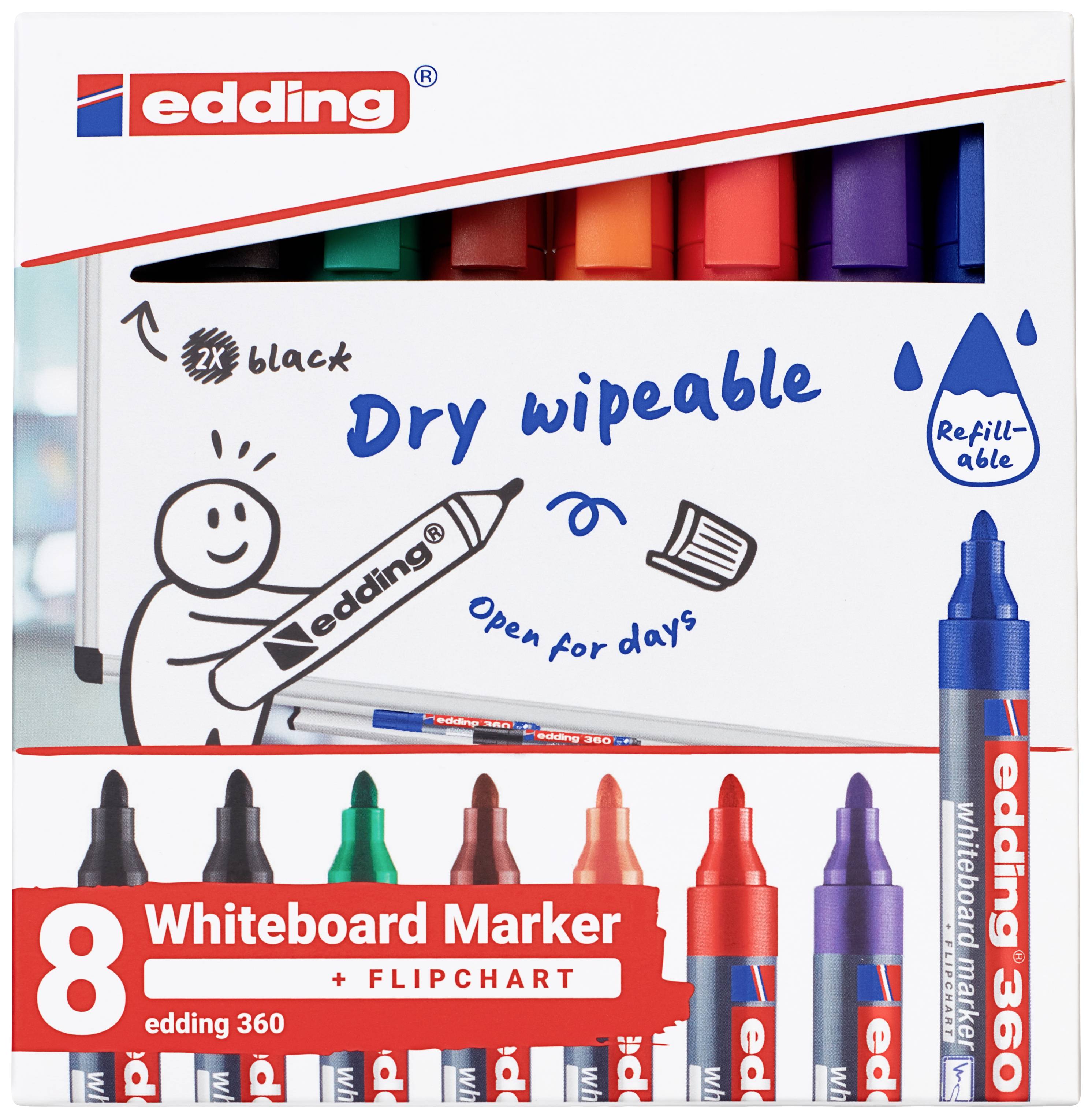 Balení fixů 'edding' na whiteboard v různých barvách. Obsahuje osm per, které lze vymazat nasucho a jsou uzpůsobeny k doplnění náplně.