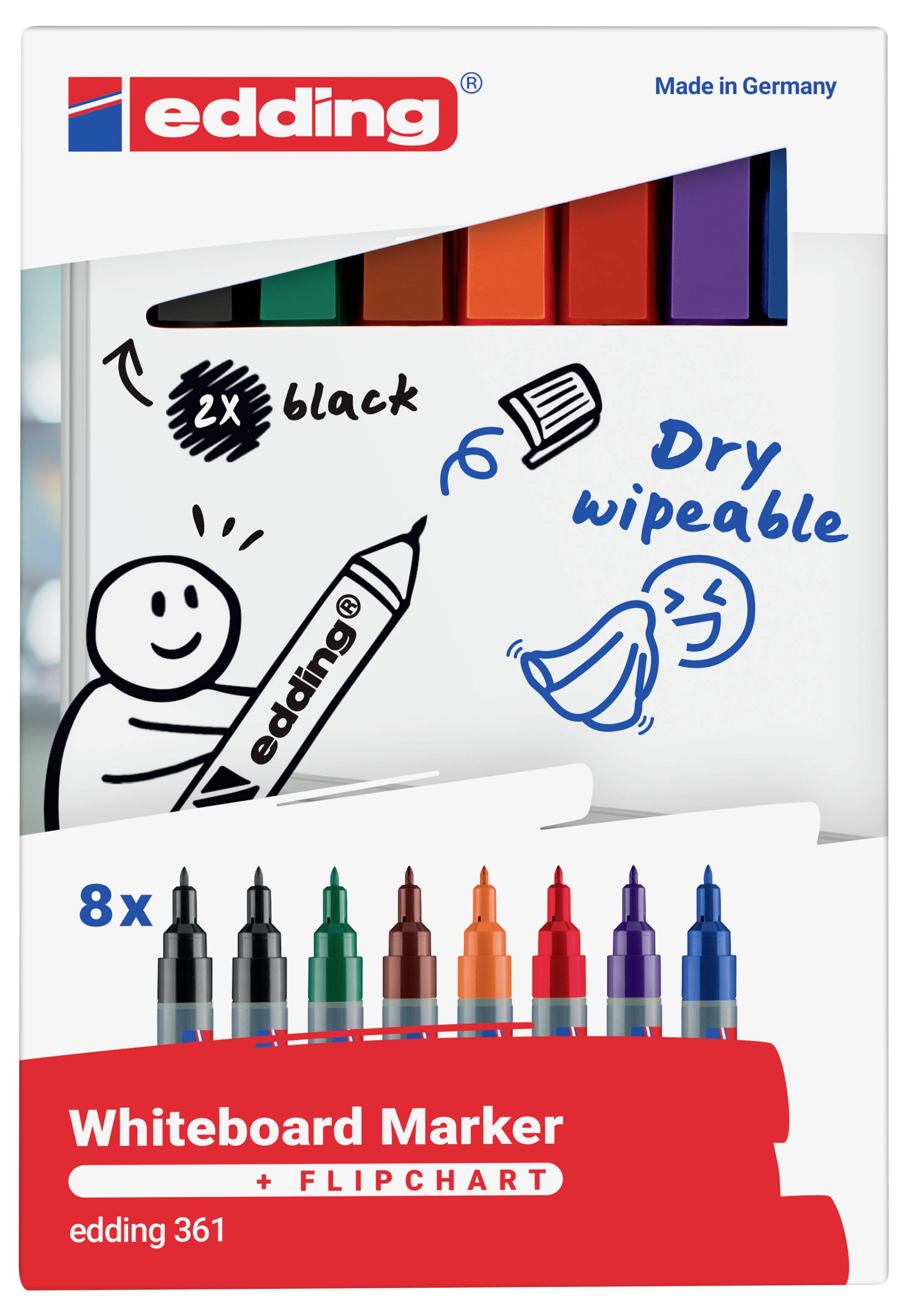 Sada fixů Edding 361 na tabuli zobrazující 8 suchostěrných fixů v různých barvách, označená jako „Whiteboard Marker + Flipchart" a „Vyrobeno v Německu".