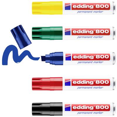 Pět permanentních popisovačů Edding 800 v barvách žlutá, zelená, modrá, červená a černá, s odejmutými víčky a modrou inkoustovou linkou.