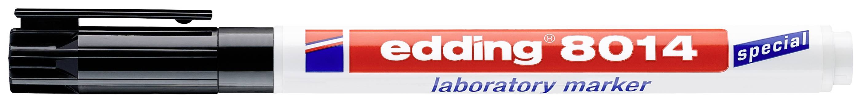 Černý laboratorní popisovač 'edding 8014 special' s červeným textem na bílém pozadí.