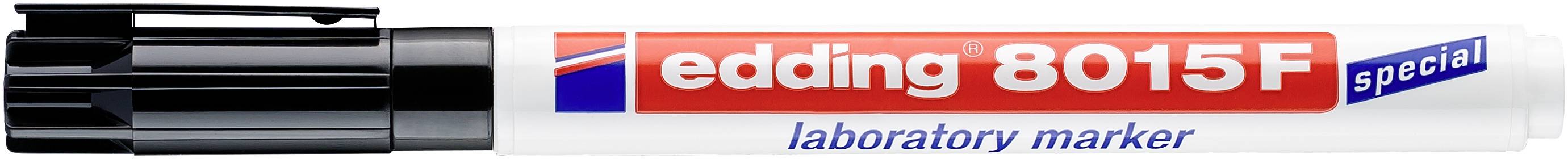 Černý laboratorní popisovač značky 'edding 8015F', s červeným a černým potiskem.