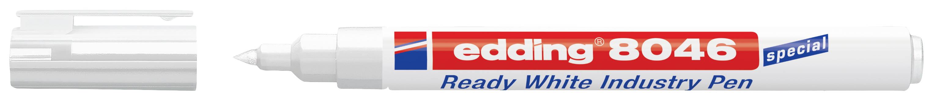 Průmyslový popisovač 'edding 8046 Ready White Industry Pen' potisknutý modře a červeně, s odnímatelným bílým víčkem.