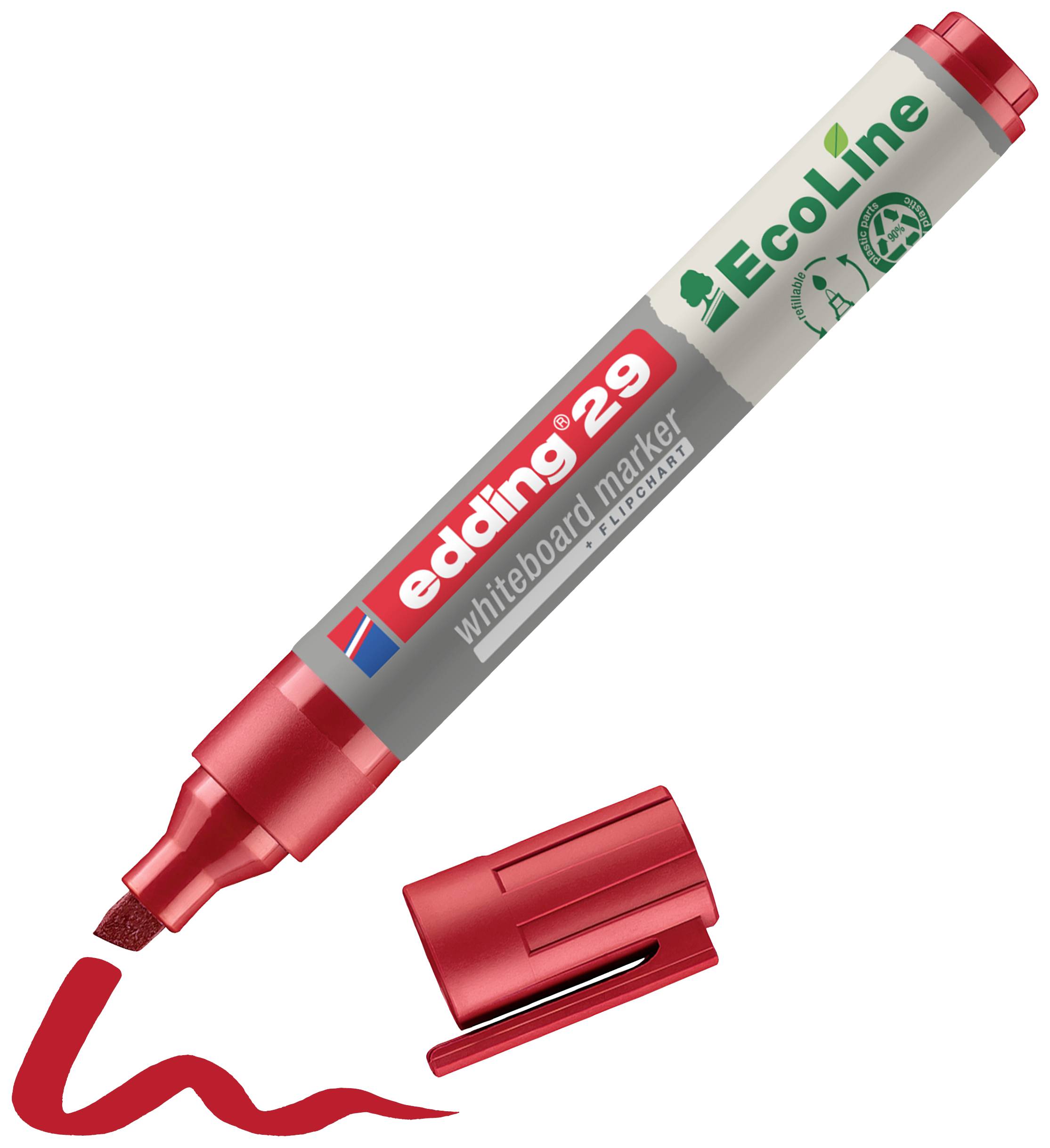 Červený popisovač na bílou tabuli 'edding 29 EcoLine' s nasazenou čepičkou, vedle červená čára. Udržitelný a šetrný k životnímu prostředí.