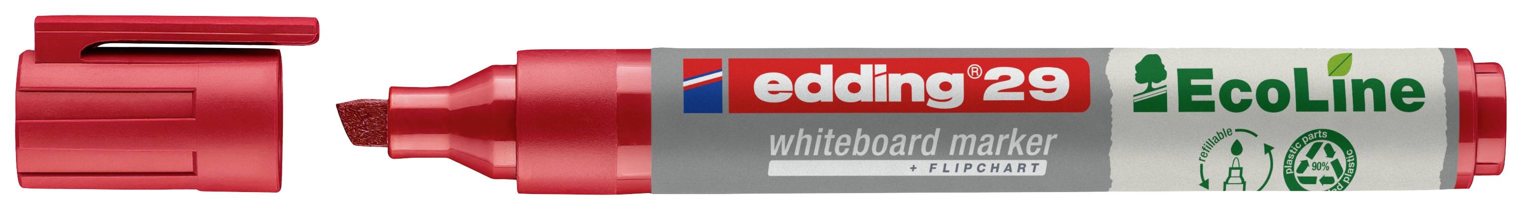 Červený popisovač na whiteboard s otevřeným víčkem. Na obalu je nápis 'edding 29 EcoLine'. Tento popisovač je vhodný pro whitboardy.
