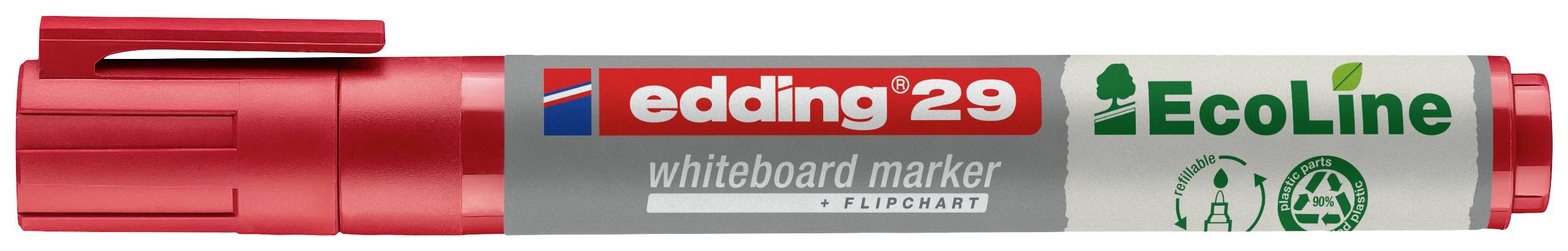 Červený popisovač na whiteboard značky edding, model 29 z řady EcoLine, s recyklačními a environmentálními symboly na obalu.