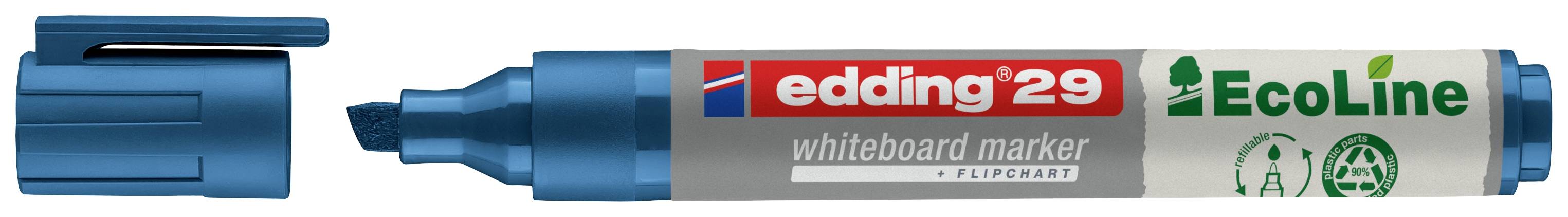 Otevřený modrý whiteboard fix značky 'edding 29 EcoLine'.