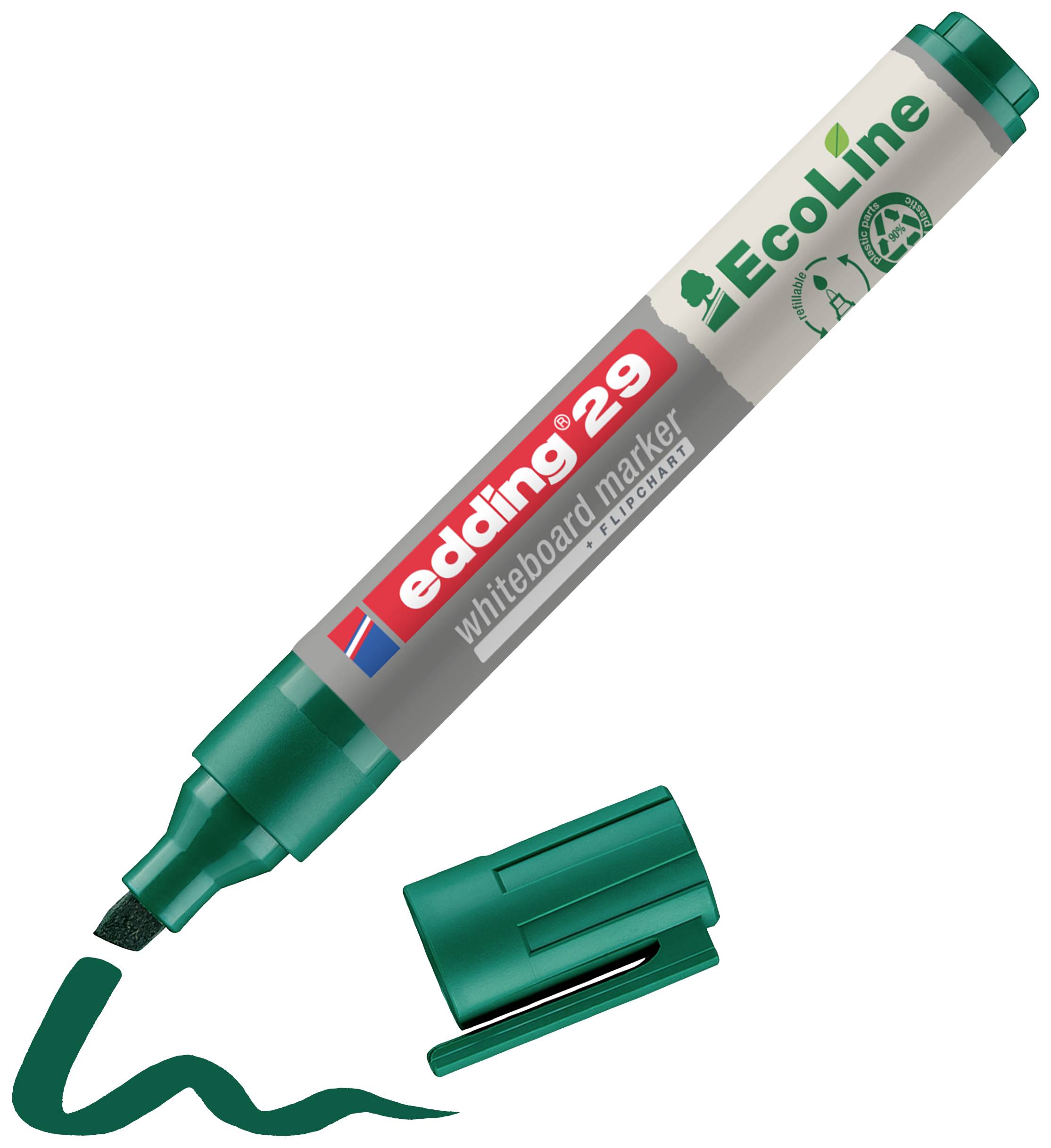 Zelený popisovač na whiteboard s nápisem 'edding 29 EcoLine'. Popisovač leží vedle nakreslené čáry s odšroubovaným víčkem.