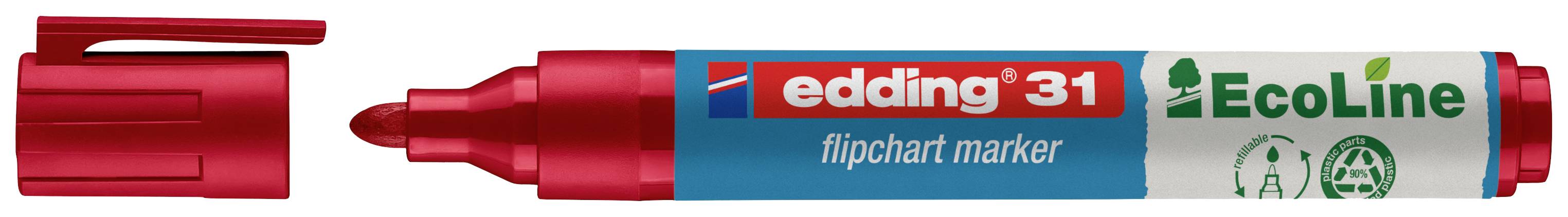 'Červený popisovač Edding 31 EcoLine na flipcharty s odejmutým víčkem. Ekologický design z recyklovaného plastu.'