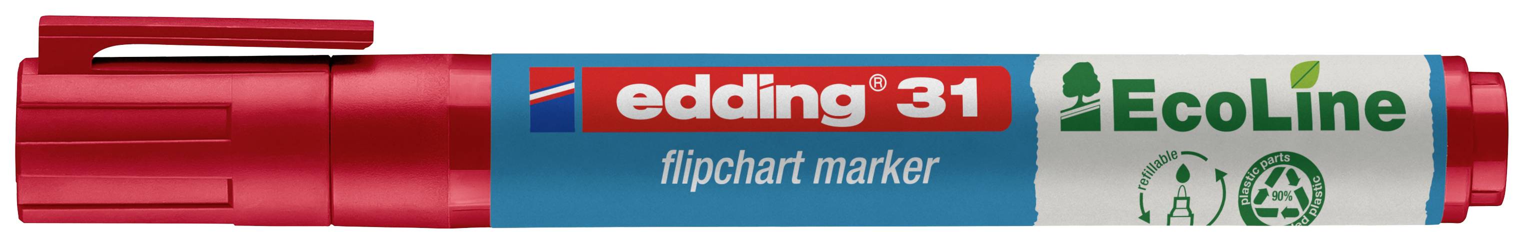 Červený flipchart fix značky edding z řady EcoLine, ležící, vyrobený z recyklovaného plastu s ekologickou certifikací na etiketě.