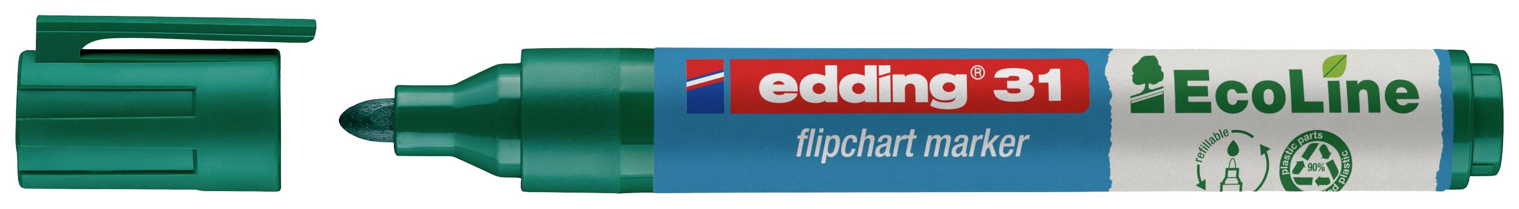 Otevřený zelený popisovač 'Edding 31 EcoLine'. Šetrný k životnímu prostředí, vyrobený z recyklovaného materiálu. Vhodný pro flipcharty.