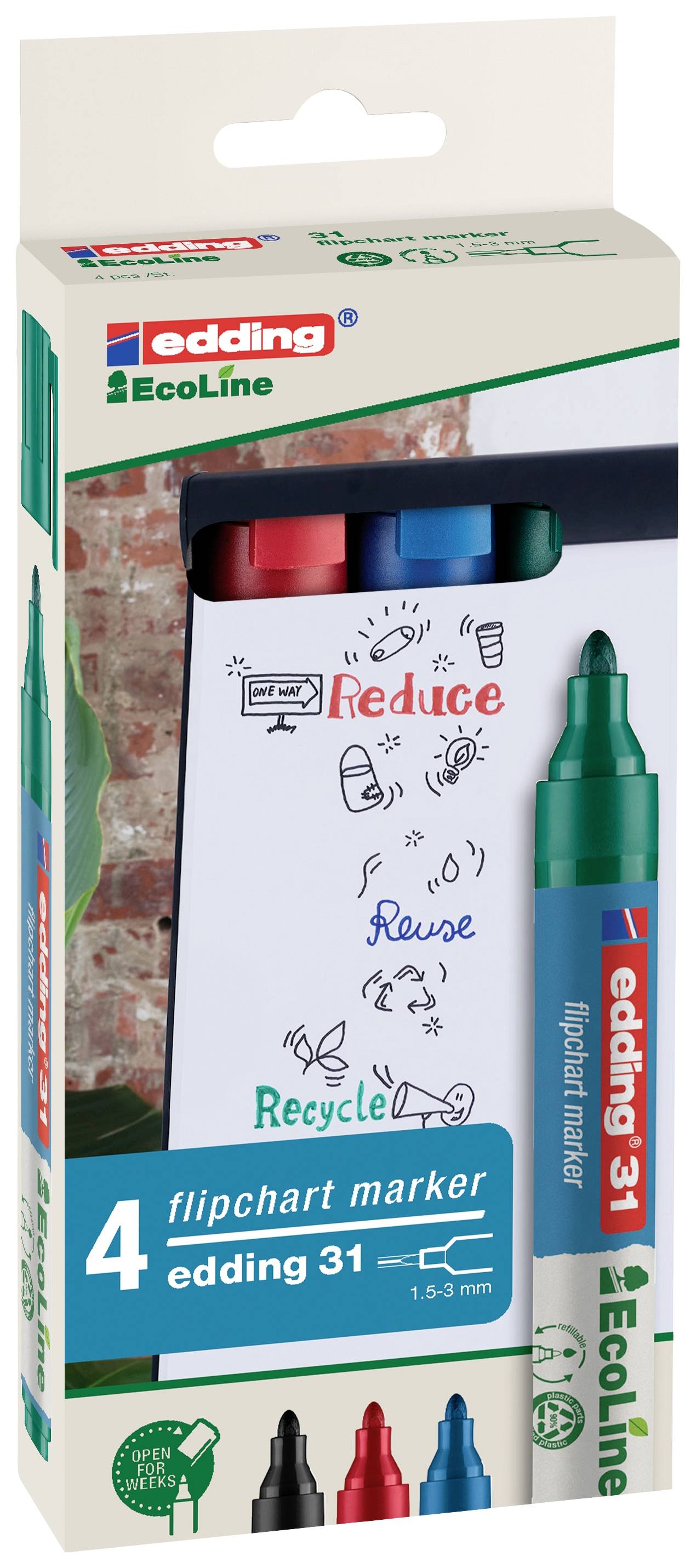 Balení Edding EcoLine flipchartových fixů. Zobrazuje čtyři fixy v různých barvách a flipchart s pojmy 'Reduce', 'Reuse', 'Recycle'.