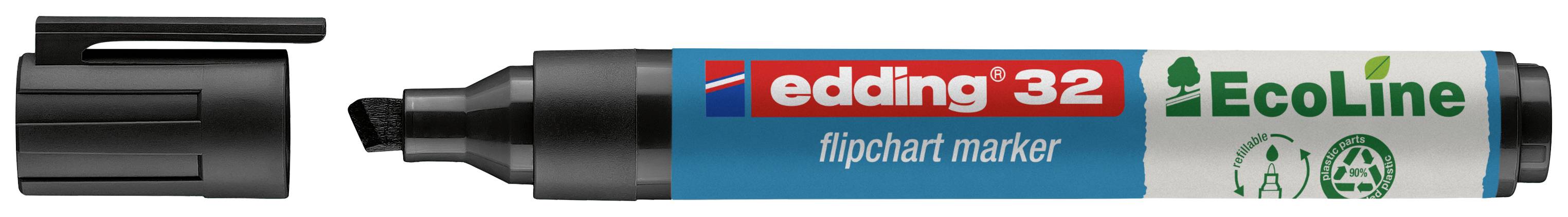 Černý popisovač na flipchart se sundanou čepičkou. Nápis na popisovači zní 'edding 32 EcoLine'.