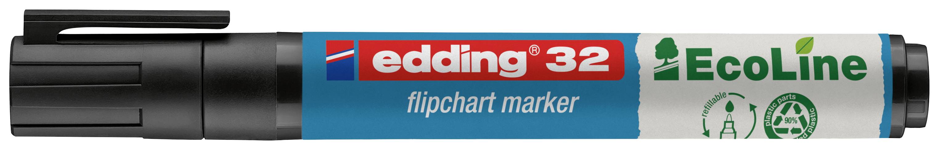 Edding 32 Fix na flipchart, EcoLine, černý uzávěr, vyrobeno z recyklovatelného materiálu, vhodný pro psaní na flipchartový papír.