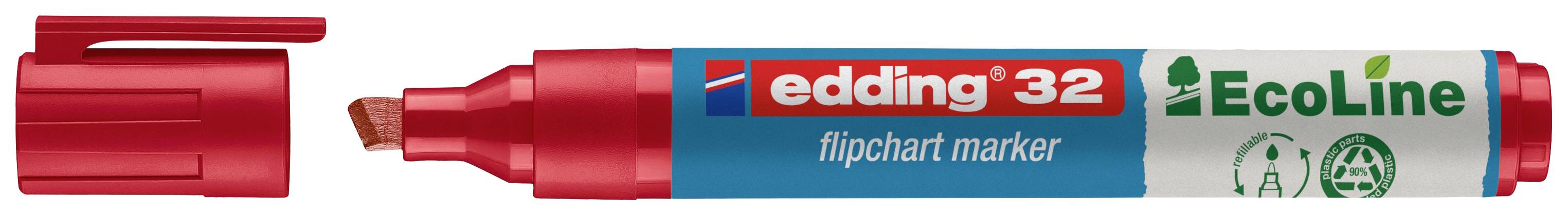 Červený popisovač Edding 32 na flipcharty s seříznutým hrotem a sundaným víčkem, vedle zelené logo 'EcoLine'.