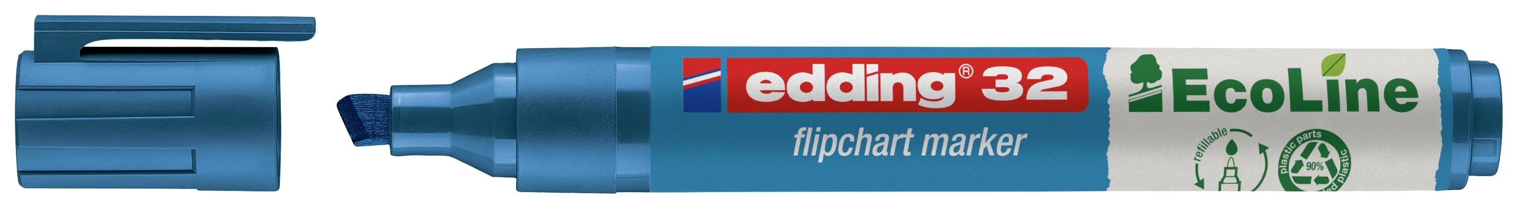 Modrý popisovač s nápisem 'edding 32 EcoLine flipchart marker'. Pero má odnímatelný uzávěr a je vyrobeno z části z recyklovaných materiálů.