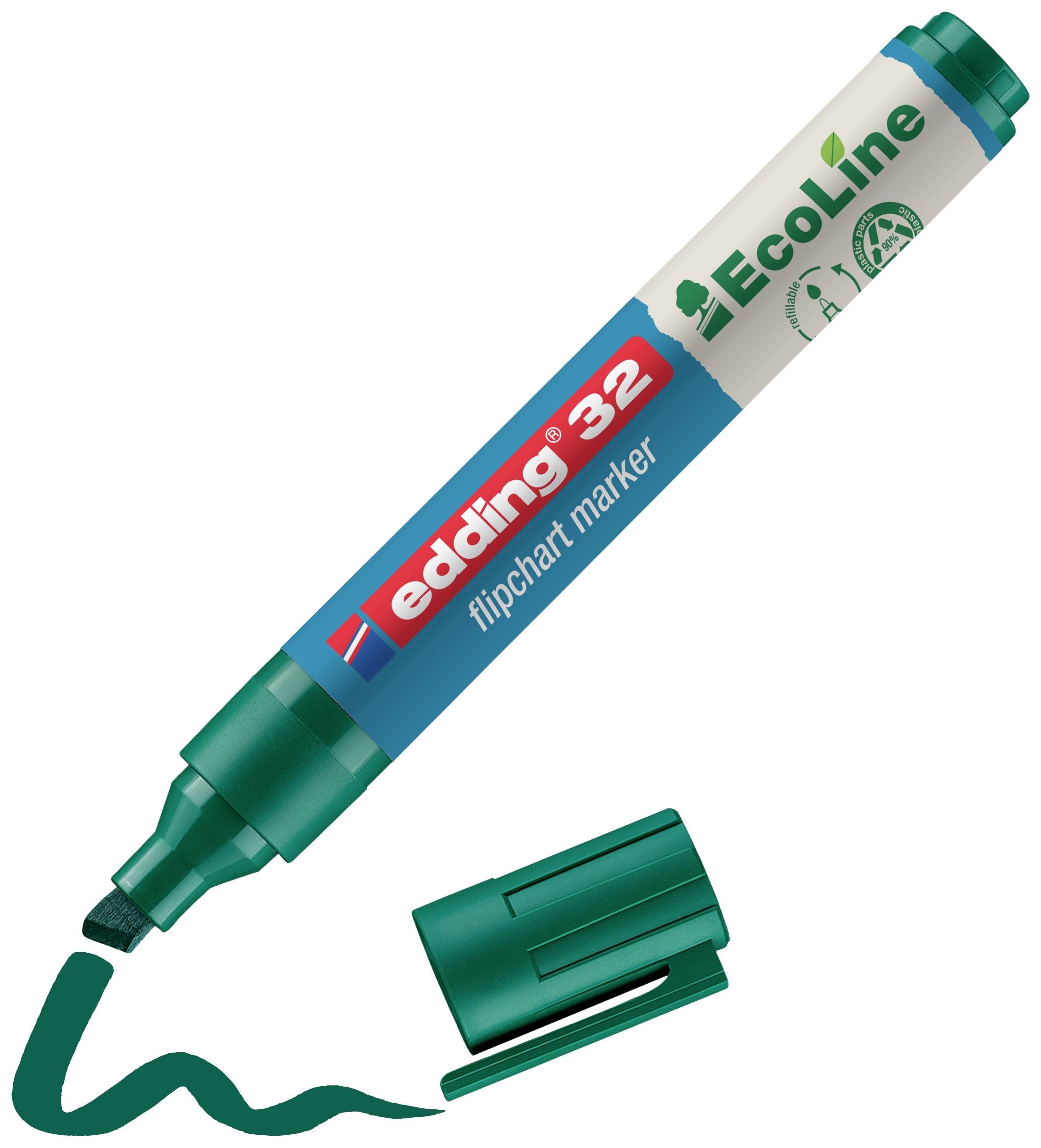 Značkovač 'edding 32 EcoLine Flipchart' v zelené barvě odšroubovaný, vedle víčka a testovací čáry.