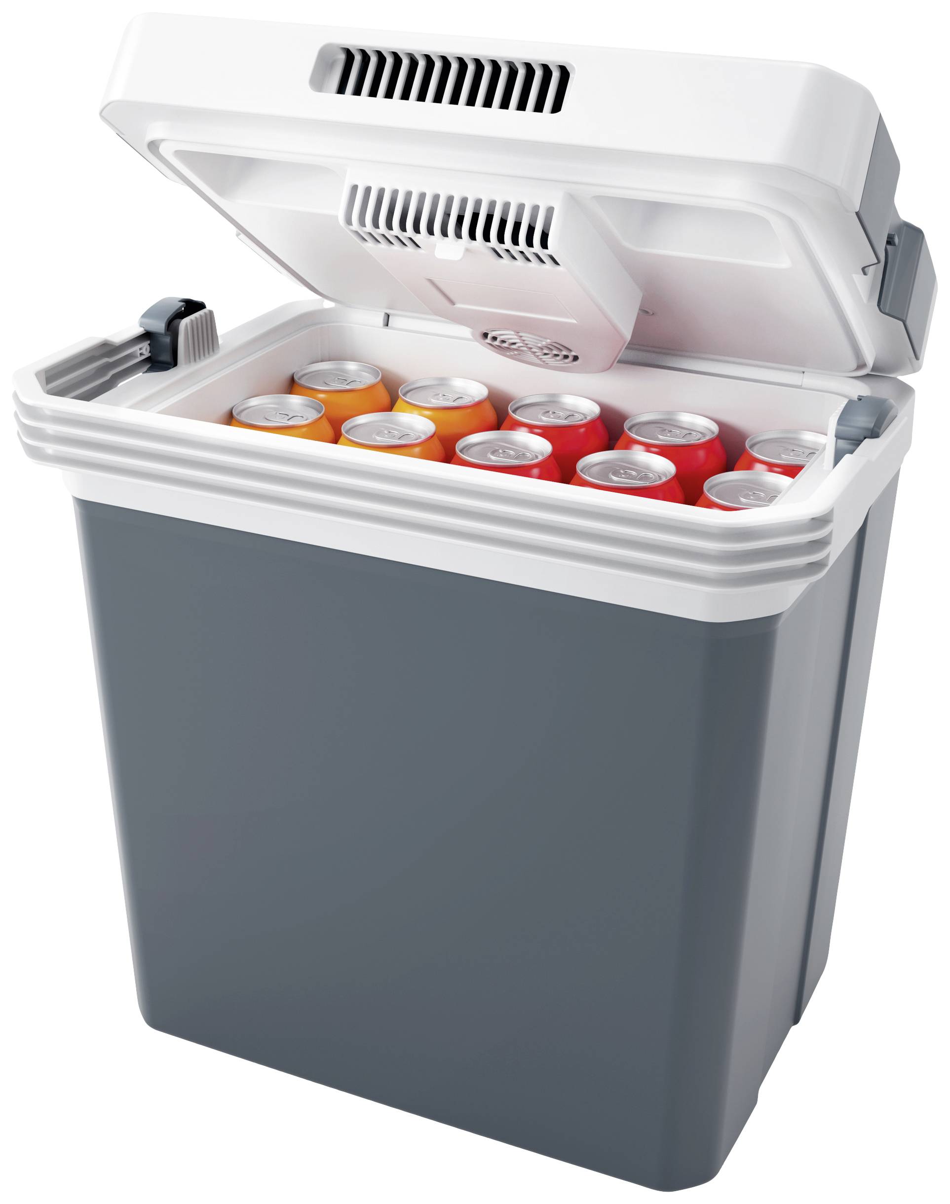 Šedý chladicí box s otevřeným víkem, naplněný různými plechovkami nápojů v červené, stříbrné a oranžové barvě.