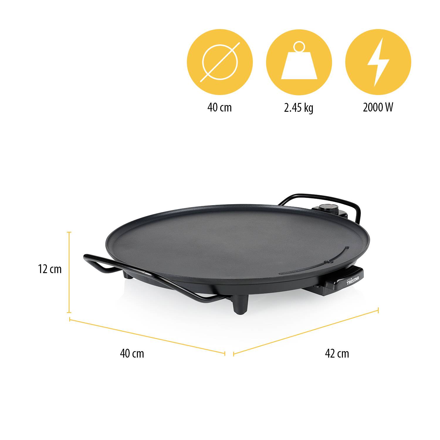 Kulatý elektrický gril 40 cm, výška 12 cm, hmotnost 2,45 kg, příkon 2000 W, rozměry 40 x 42 cm.