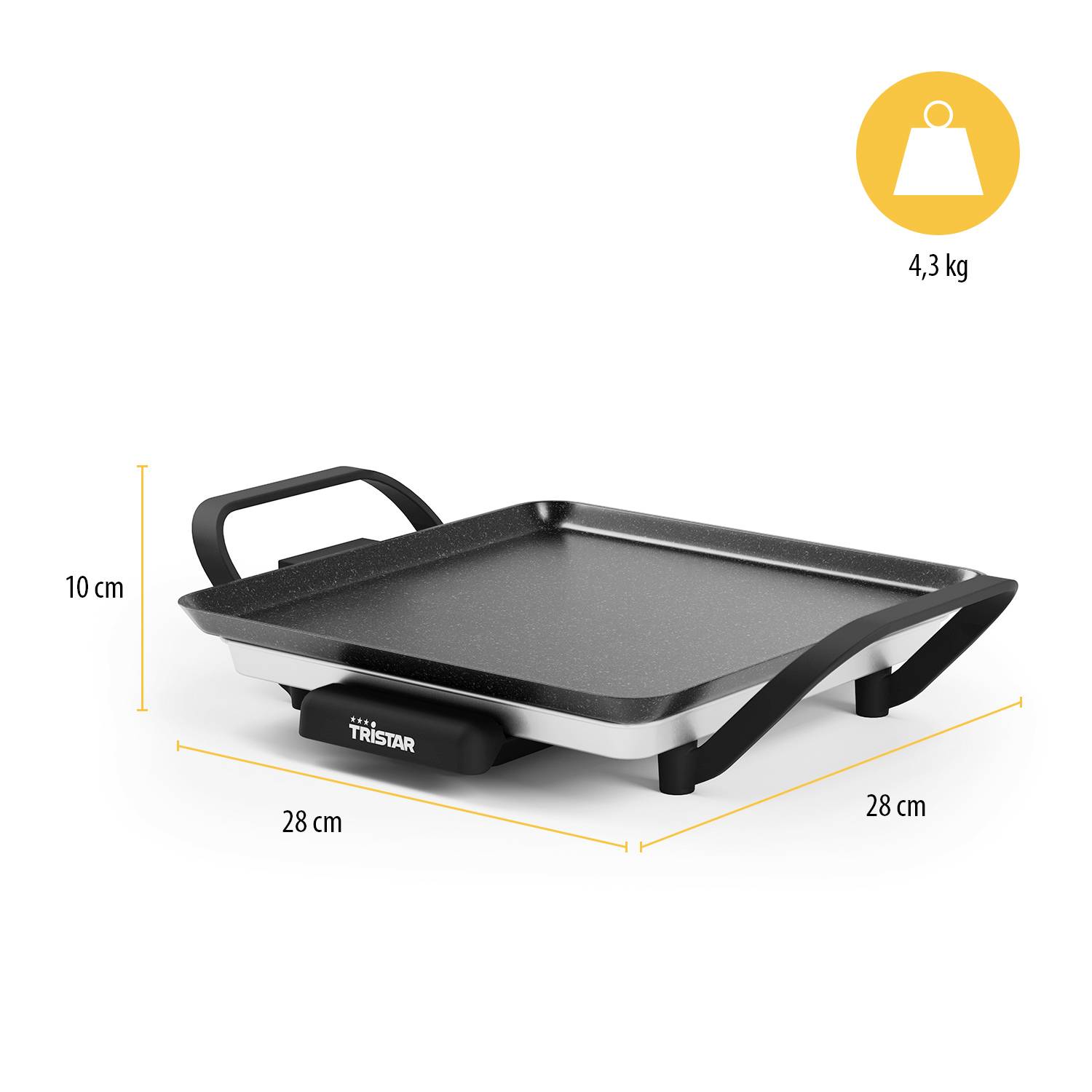 Obdélníkový stolní gril s délkou a šířkou 28 cm a výškou 10 cm, celková hmotnost 4,3 kg, označený logem značky 'Tristar'.
