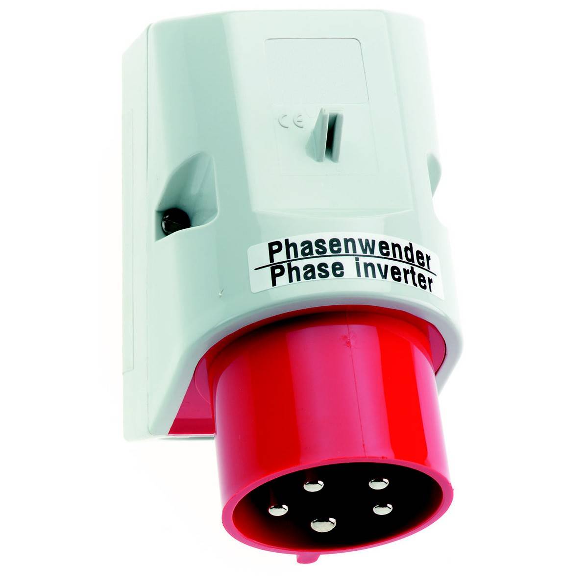 Obrázek zobrazuje červený elektrický fázový měnič se štítkem "Fázový měnič Phase inverter" na bílém pouzdře.