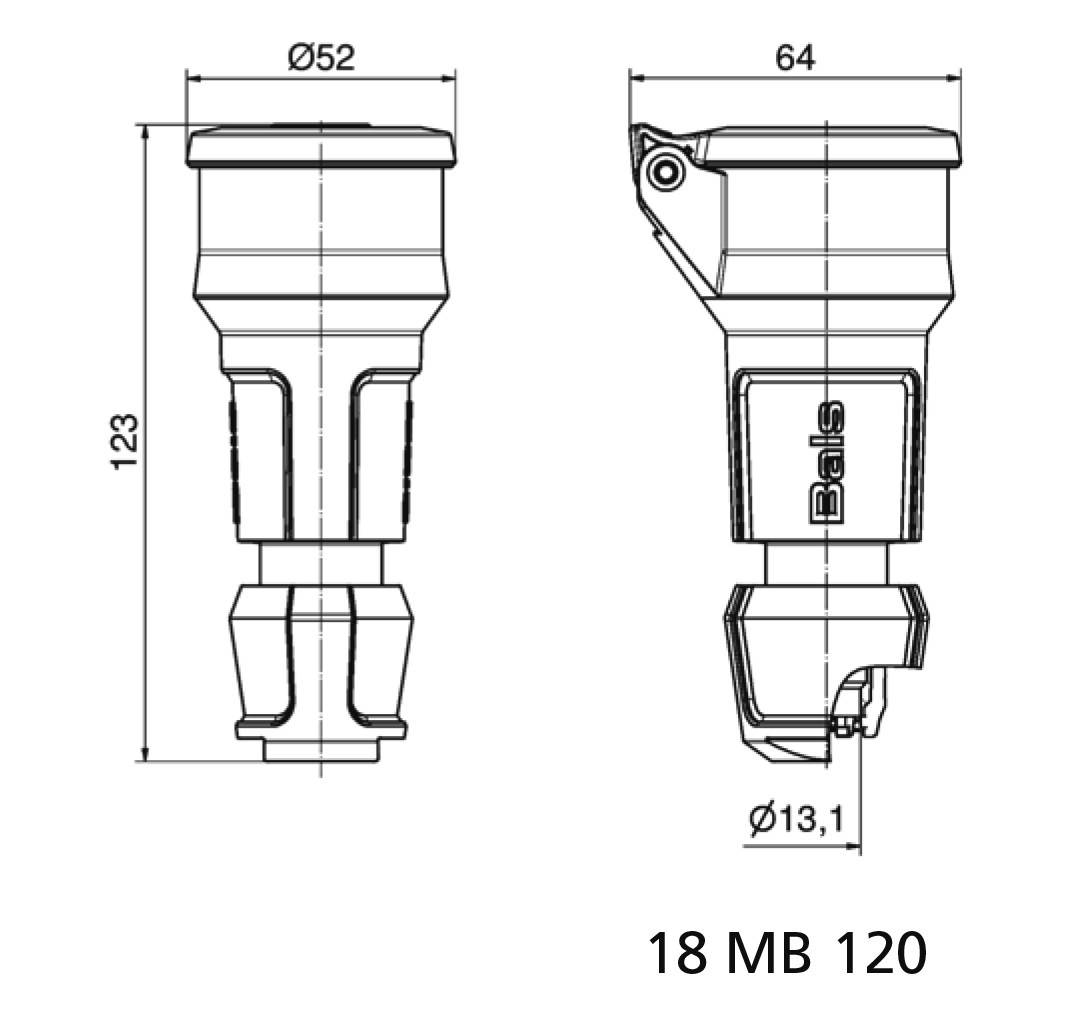 Technický výkres zástrčky s rozměry: výška 123, průměr 52 a 64. Poznámka: '18 MB 120'.