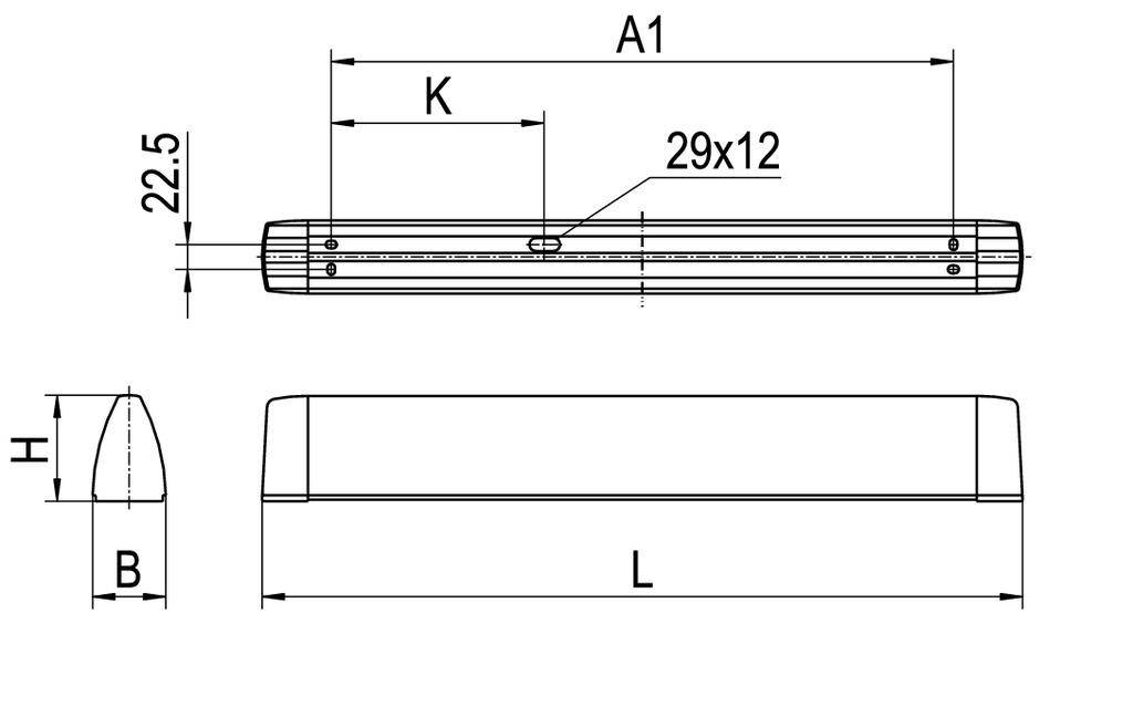 Technický výkres obdélníkového kovového profilu. Rozměry: A1, K, 29x12, L, B, H a 22,5. Zobrazuje příčný řez a boční pohled.