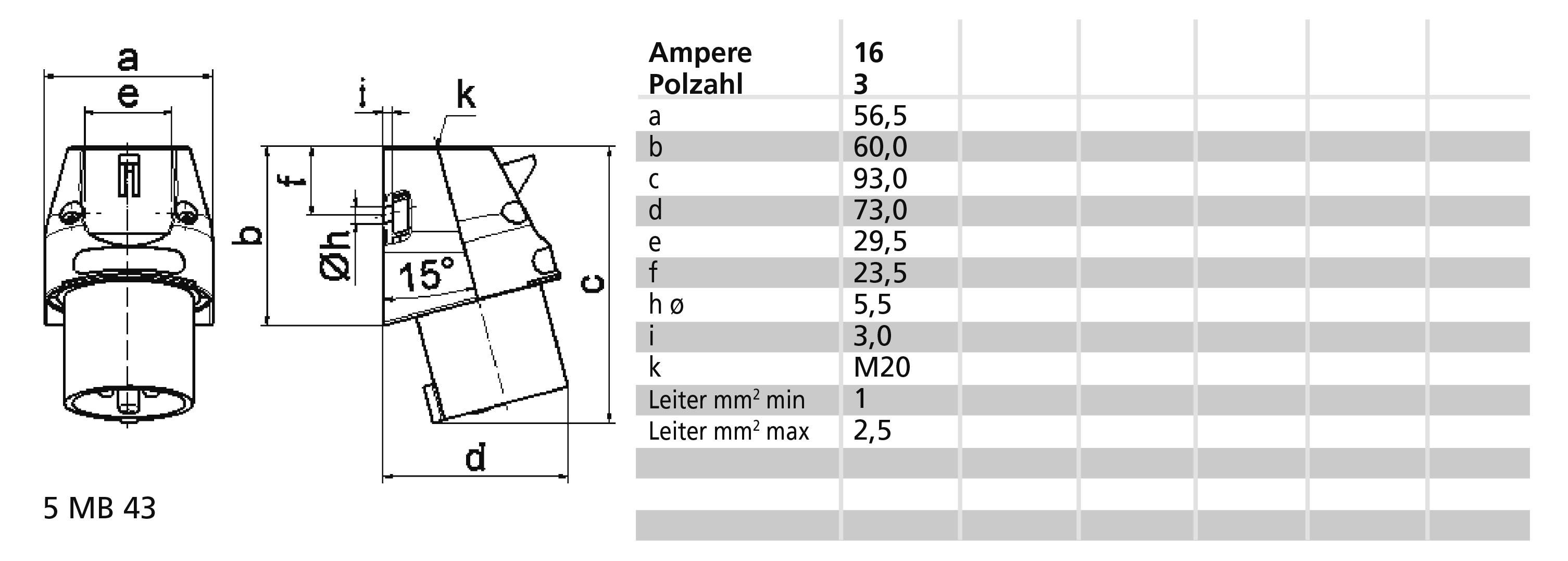 Technický výkres elektrické zástrčky s rozměry a tabulkou. Ampér: 16, Počet pólů: 3. Kótované rozměry: a, b, c, d, e, f, h, k.