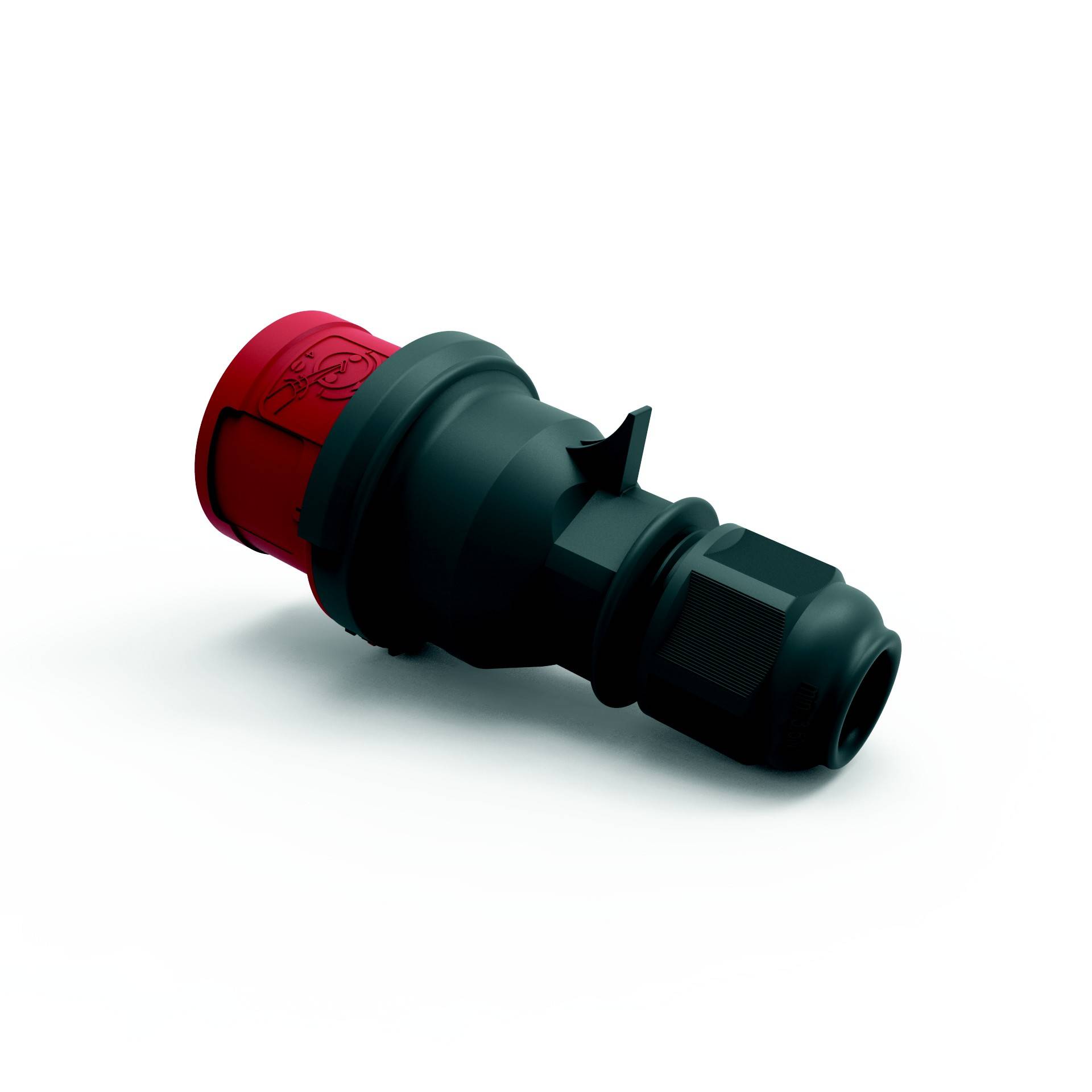 Černý plastový kabelový konektor s červeným krytem, navržený pro průmyslové aplikace.