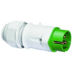 Bílá a zelená elektrická zástrčka vhodná pro průmyslové použití, umístěná na bílém pozadí.