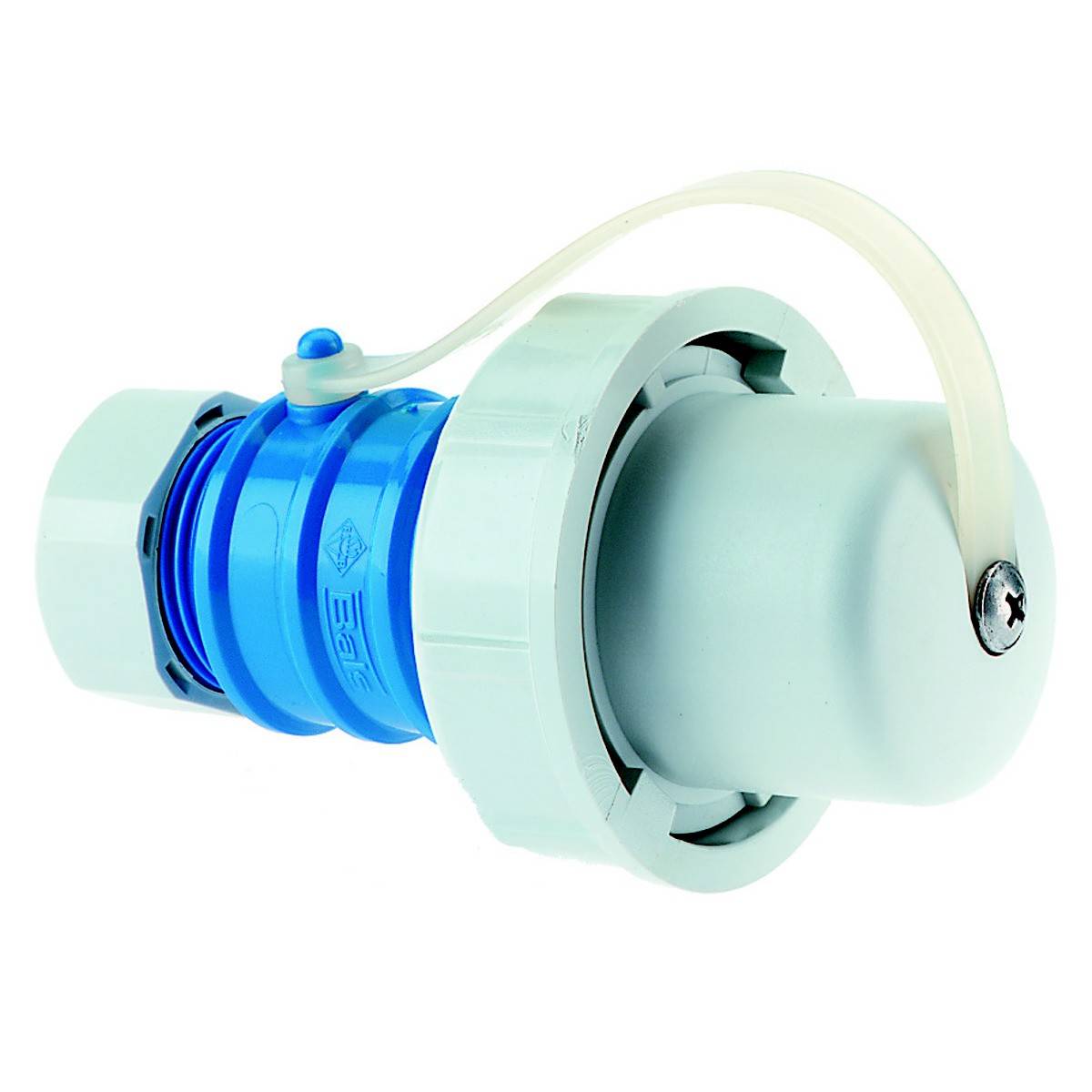 Modrý válcový konektor s šedým ochranným krytem a smyčkou, určený pro propojení elektrických zařízení v průmyslovém prostředí.