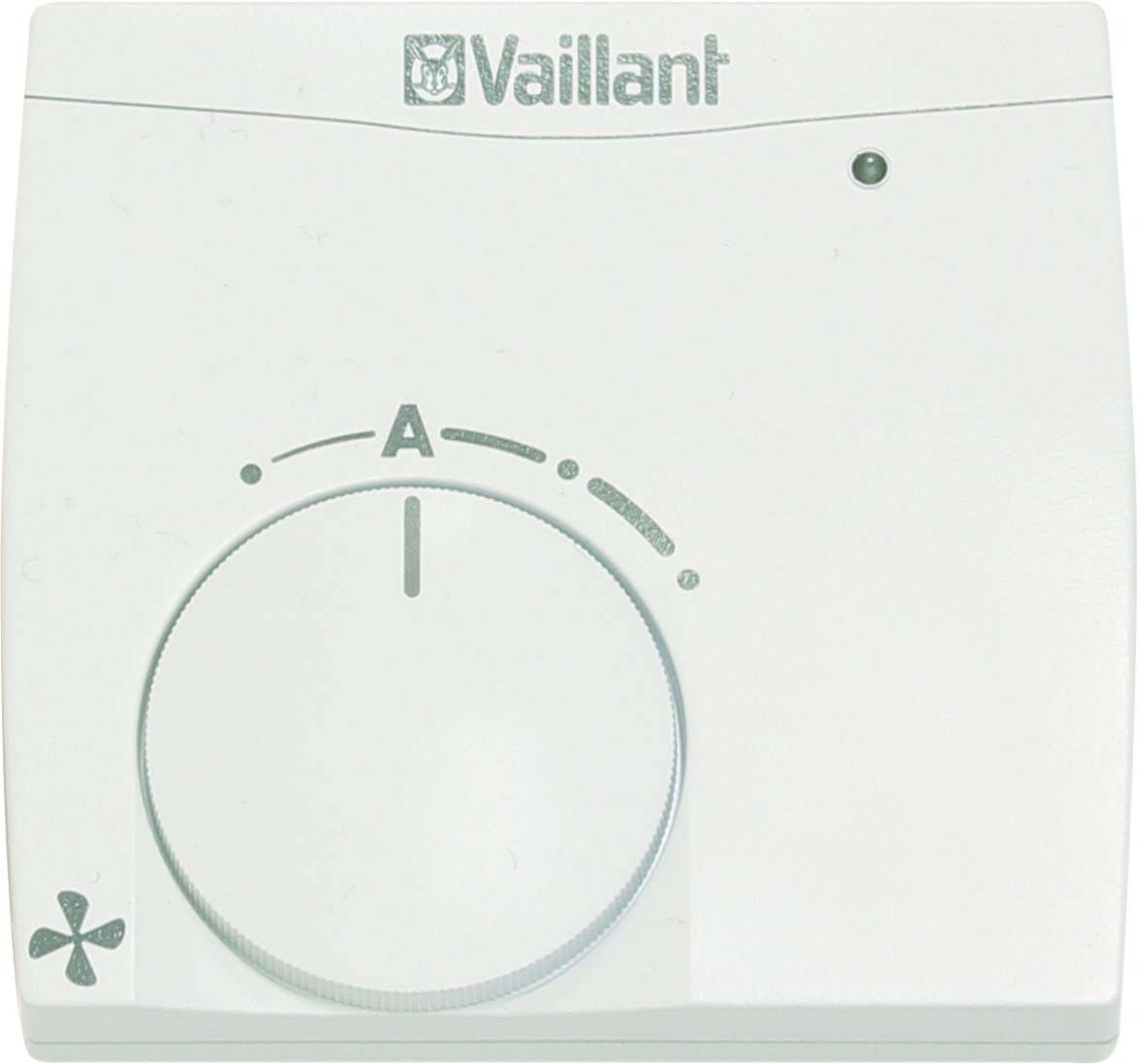 Bílý termostat Vaillant s velkým otočným ovladačem pro nastavení teploty a malým bodovým světlem jako indikátorem.