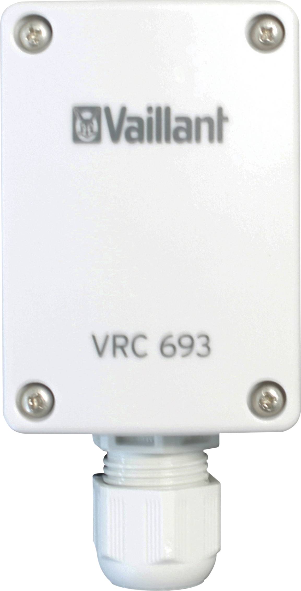 Nástěnný termostat Vaillant VRC 693 s bílým pouzdrem a čtyřmi šrouby.