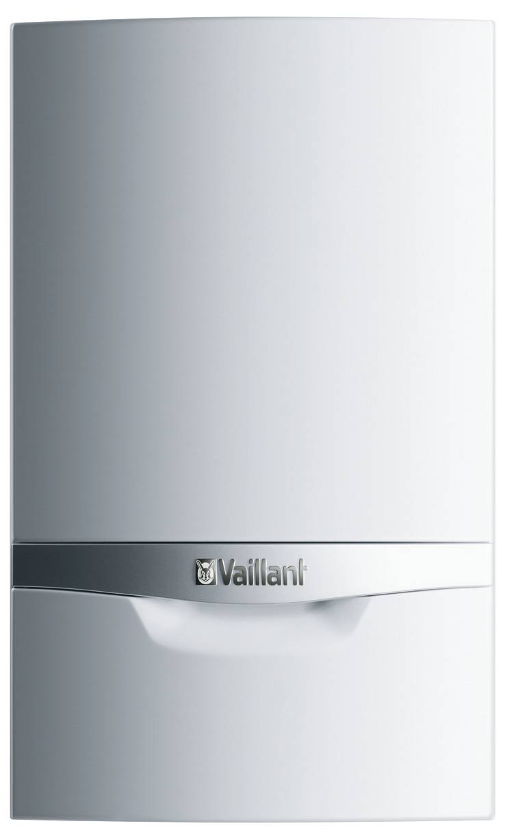 Bílý nástěnný kotel s logem značky 'Vaillant' na přední straně. Design je minimalistický a kompaktní.