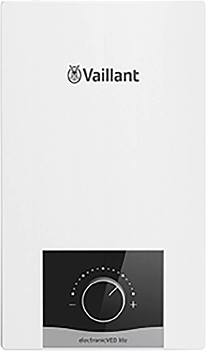 Kompaktní bílý průtokový ohřívač vody Vaillant s displejem a centrálním otočným ovladačem pro nastavení teploty.