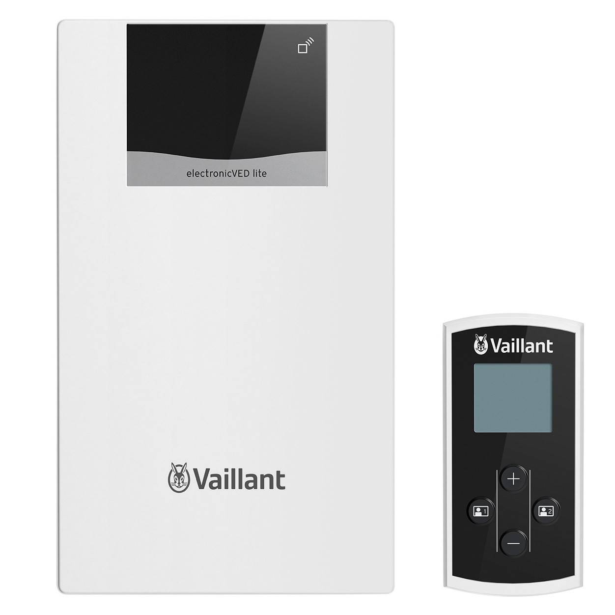 Elektronický průtokový ohřívač Vaillant s odděleným digitálním ovládacím panelem. Zařízení je označeno nápisem 'electronicVED lite'.