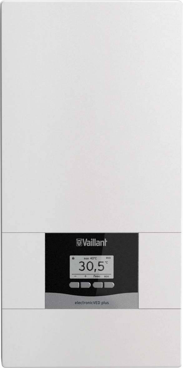 Bílý průtokový ohřívač s digitálním displejem zobrazujícím '30,5'. Značka Vaillant, model electronicVED plus.