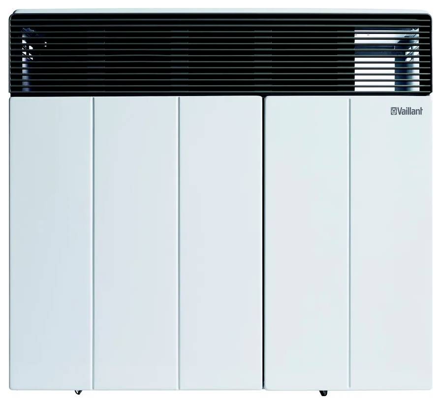 Bílý plynový kotel Vaillant s černými lamelami na horní straně, obdélníkového tvaru, s moderním designem pro efektivní topná řešení.