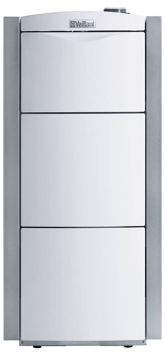 Vysoká, obdélníková topná jednotka Vaillant se štíhlým designem, která je vybavena třemi vodorovnými panely a ovládacím knoflíkem v pravém horním rohu.